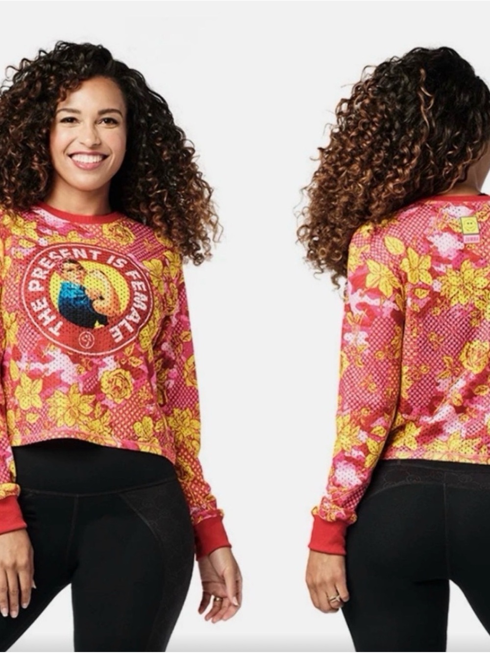The Cutest Zumba Fitness Pink & Yellow Floral Cropped Sweatshirt